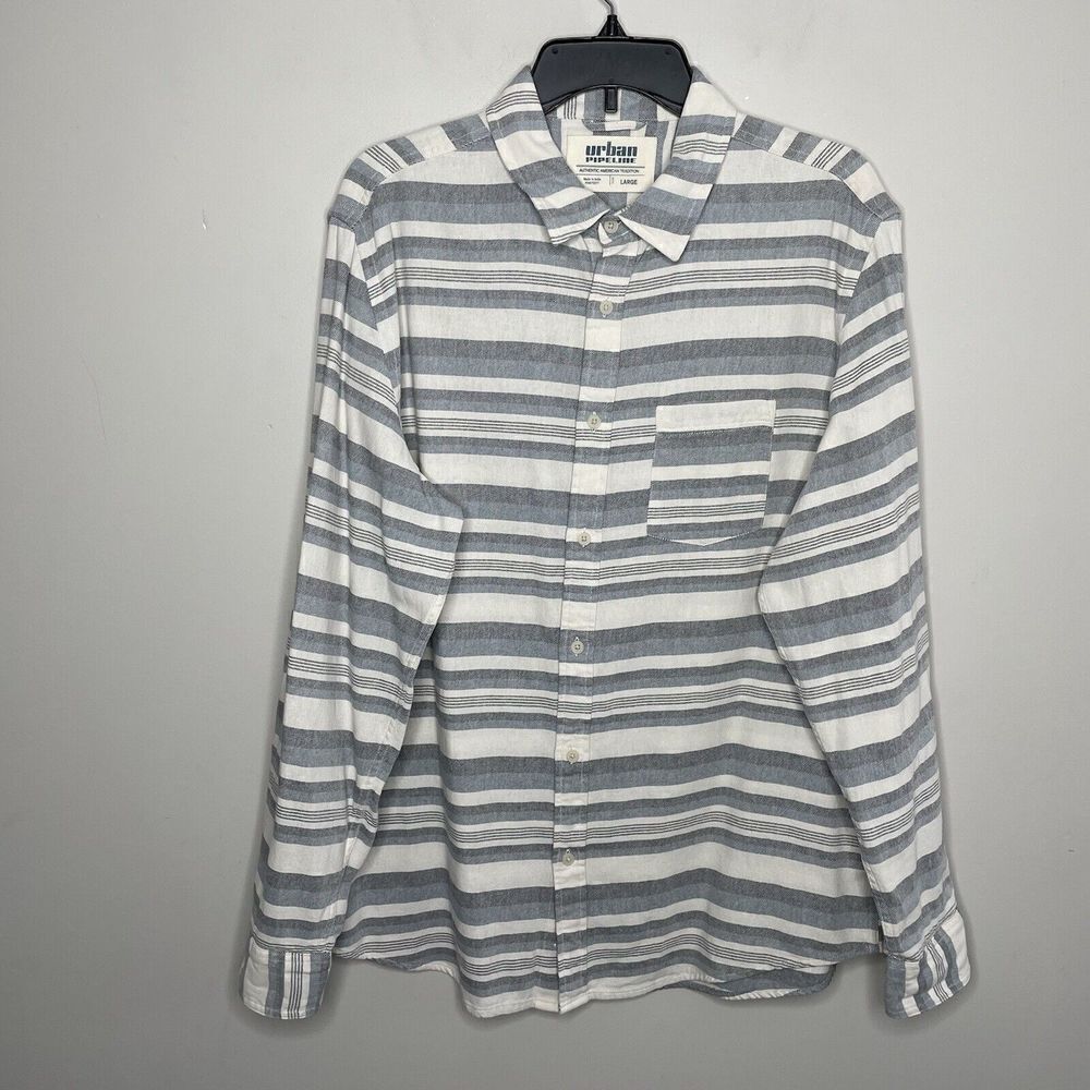 URBAN PIPELINE Mens Gray Striped Button-Up Shirt NEW Long Sleeve Cotton Sz L